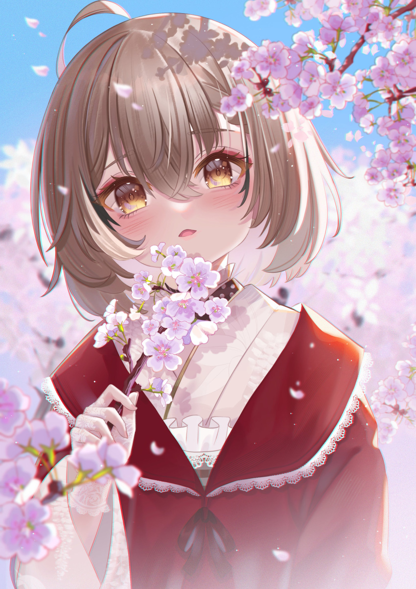 1girl absurdres ahoge bangs blush braid braided_bangs branch brown_eyes brown_hair cherry_blossoms falling_petals floral_print gloves highres hololive hololive_english japanese_clothes kimono lace lace_gloves looking_at_viewer multicolored_hair nanashi_mumei official_alternate_costume open_mouth petals print_kimono red_shawl shawl short_hair streaked_hair tangdou0402 tree virtual_youtuber white_kimono wide_sleeves