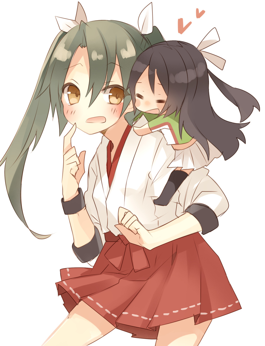 2girls absurdres age_difference brown_eyes carrying_over_shoulder closed_eyes finger_to_mouth grey_hair hair_between_eyes hair_ribbon heart height_difference highres japanese_clothes kantai_collection katsuragi_(kantai_collection) long_hair messy_hair miniskirt multiple_girls open_mouth orqz pleated_skirt red_skirt ribbon skirt twintails younger zuikaku_(kantai_collection)