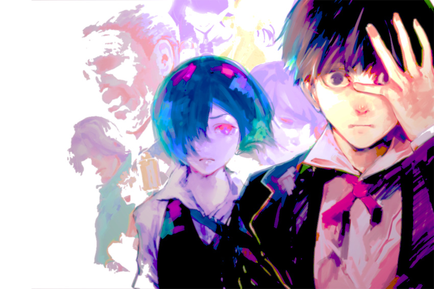 1boy 1girl black_eyes black_hair blue_hair colorful hair_over_one_eye hand_on_own_face ishida_sui kamishiro_rize kaneki_ken kirishima_touka nagachika_hideyoshi pink_eyes short_hair tokyo_ghoul tsukiyama_shuu upper_body vest yomo_renji yoshimura_(tokyo_ghoul)