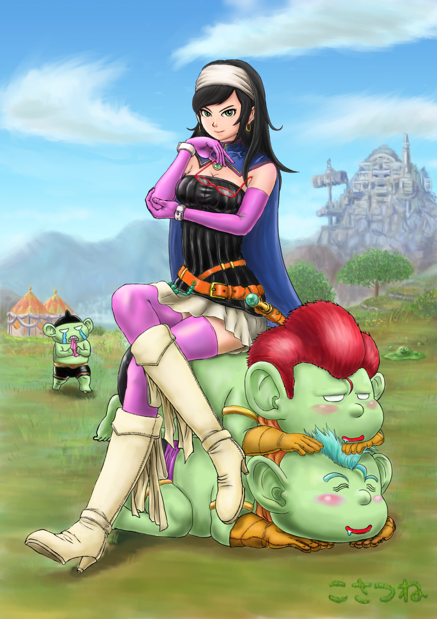 1girl bangs black_hair boots breasts bustier cape chin_rest cleavage crossed_legs dragon_quest dragon_quest_x dwarf_(dq10) earrings elbow_gloves glasses glasses_removed gloves green_eyes green_skin highres hoop_earrings human_furniture jewelry knee_boots kosatsune long_hair long_legs multiple_belts pink_gloves pink_legwear red-framed_glasses runana_(dq10) sitting sitting_on_person skirt swept_bangs thigh-highs vertical_stripes