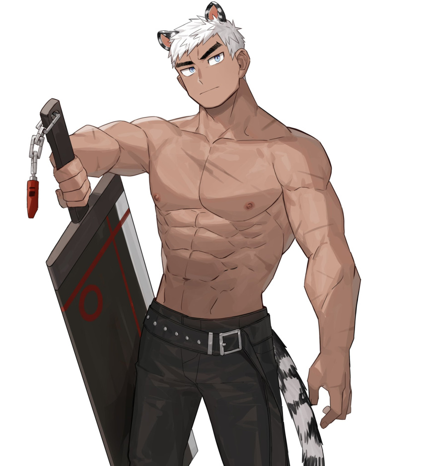 1boy abs animal_ears biceps clenched_hand denim grey_eyes highres jeans jswon3232 leather leather_belt looking_to_the_side male_focus muscular muscular_male navel nipples original pants pectorals scar scar_on_arm scar_on_chest solo spiky_hair sword tail tan thick_eyebrows tiger_ears tiger_tail topless_male weapon white_background white_hair