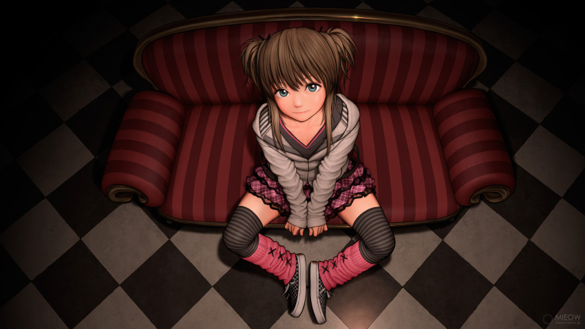 1girl absurdres brown_hair couch frilled_skirt frills from_above grey_eyes highres hoodie looking_at_viewer looking_up loose_socks original rustle sitting skirt socks socks_over_pantyhose solo striped striped_legwear thigh-highs thighs tile_floor tiles two_side_up v_arms