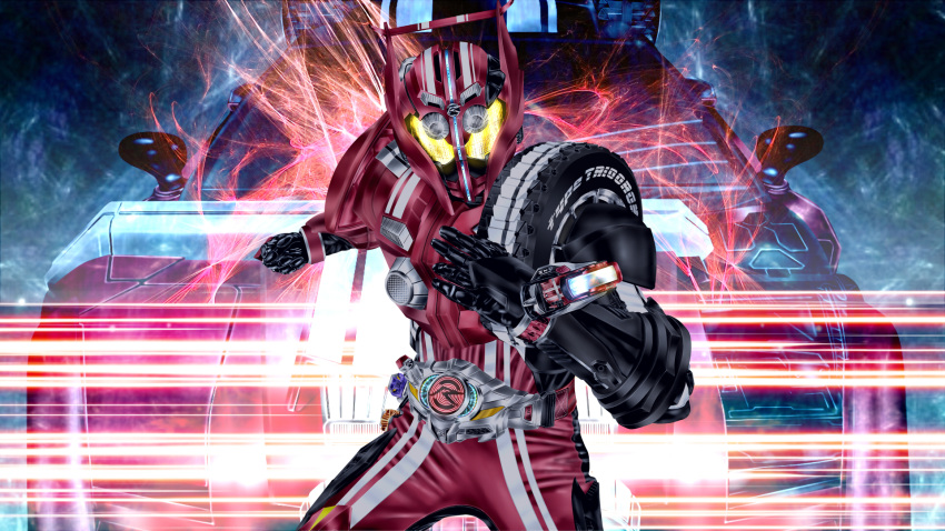 1boy belt car highres kamen_rider kamen_rider_drive kamen_rider_drive_(series) kuzurx looking_at_viewer male mask motor_vehicle shift_car solo tire type_tridoron vehicle