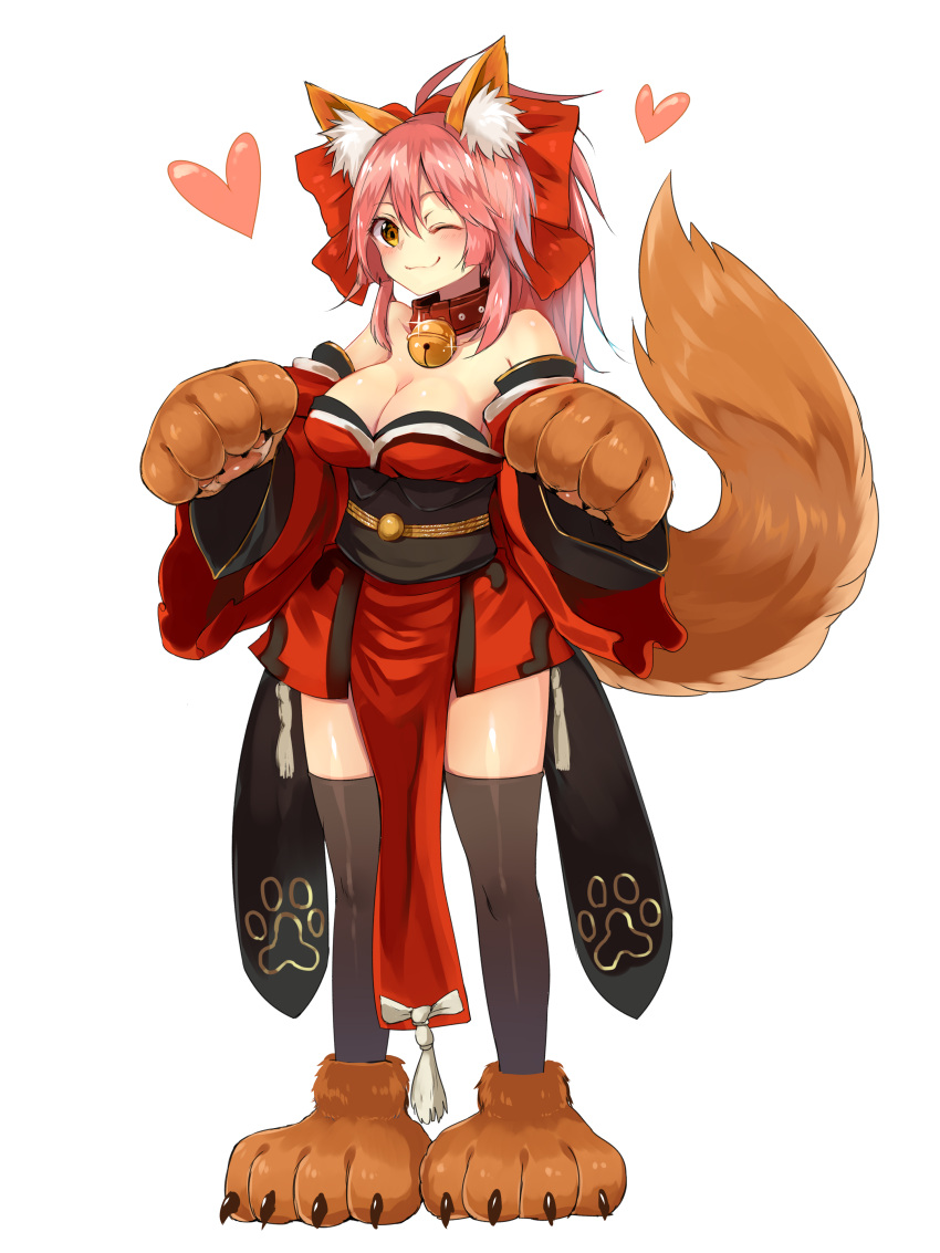 1girl ;) absurdres animal_ears bangs bare_shoulders bell bell_collar black_legwear bow breasts cleavage closed_mouth collar detached_sleeves eyebrows_visible_through_hair fate/grand_order fate_(series) fox_ears fox_tail full_body hair_between_eyes hair_bow hands_up heart highres japanese_clothes jingle_bell kimono kimono_pull kimono_skirt large_breasts long_hair looking_at_viewer one_eye_closed paw_print paws ponytail red_bow red_kimono smile solo standing sukemyon tail tamamo_(fate)_(all) tamamo_cat_(fate) thigh-highs