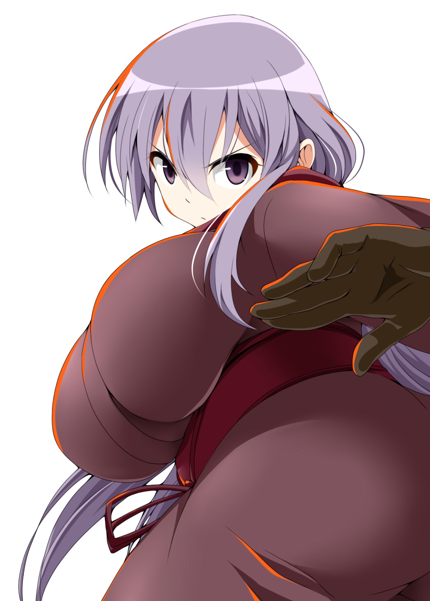 1girl breasts brown_gloves dragon_yukano gloves highres huge_breasts japanese_clothes long_hair ninja_slayer simple_background solo watarui white_background