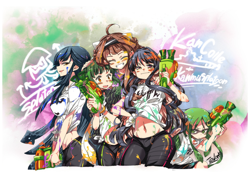 5girls ahoge alabaster_(artist) black_hair blush breasts brown_hair choker closed_eyes collared_shirt crescent_hair_ornament crossover finger_on_trigger gradient_eyes green_eyes green_hair grin hair_bun hair_ornament hair_over_one_eye hairband hand_on_another's_head hand_on_hip hayashimo_(kantai_collection) highres kantai_collection kongou_(kantai_collection) leaning_forward looking_at_viewer midriff multicolored_eyes multicolored_hair multiple_girls naganami_(kantai_collection) nagatsuki_(kantai_collection) navel open_mouth orange_eyes orange_hair paint_on_face paint_splatter paint_stains payot profile ribbon shirt smile splatoon striped striped_shirt super_soaker takanami_(kantai_collection) tentacle_hair tied_shirt tight_pants violet_eyes water_gun wristband yellow_eyes