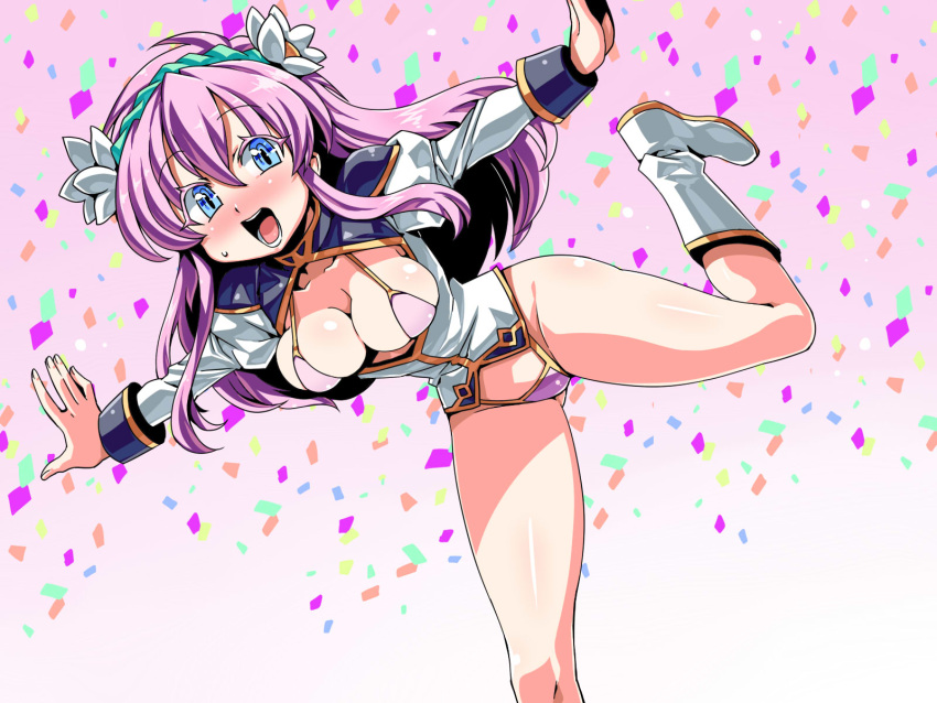 1girl bare_legs bikini blue_eyes blush boots breasts cleavage cleavage_cutout confetti galaxy_angel hair_ornament highres juliet_sleeves long_hair long_sleeves milfeulle_sakuraba no_pants open_mouth outstretched_arms pink_bikini pink_hair puffy_sleeves shirt smile solo standing_on_one_leg swimsuit thighs tsuki_wani