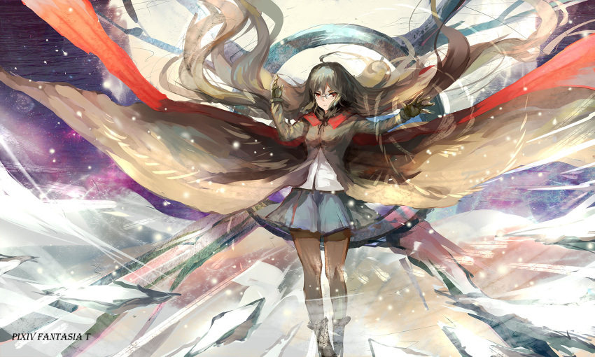 1girl black_gloves black_hair black_legwear brown_eyes cape coat glasses gloves highres long_hair long_sleeves looking_at_viewer open_clothes open_coat original pantyhose pixiv_fantasia pixiv_fantasia_t shirt sishenfan skirt solo very_long_hair wind