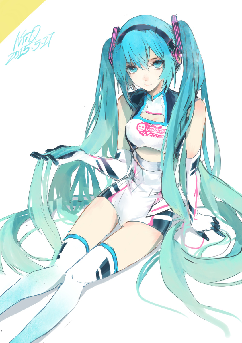 1girl 2015 absurdres aqua_eyes aqua_hair dated elbow_gloves gloves goodsmile_company goodsmile_racing hatsune_miku headphones highres leotard long_hair looking_at_viewer messikid racequeen sitting solo thigh-highs twintails very_long_hair vocaloid white_background