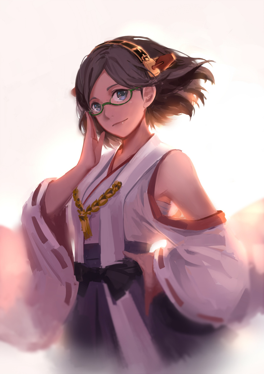 1girl absurdres bare_shoulders black_hair detached_sleeves glasses green-framed_glasses hairband highres japanese_clothes kantai_collection kirishima_(kantai_collection) looking_at_viewer nontraditional_miko semi-rimless_glasses short_hair sketch smile sola7764 solo under-rim_glasses