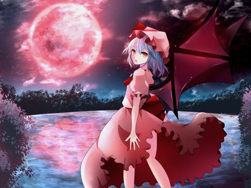1girl ascot bat_wings blue_hair brooch expressionless full_moon hat hat_ribbon highres jewelry looking_at_viewer looking_back mob_cap moon night night_sky outdoors puffy_short_sleeves puffy_sleeves red_eyes red_moon reflection remilia_scarlet ribbon sakipsakip short_hair short_sleeves skirt skirt_set sky solo touhou water wings