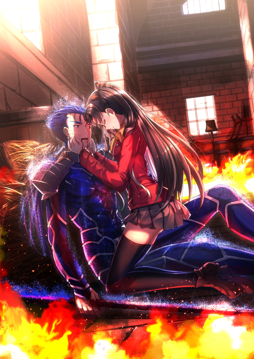 1boy 1girl armor black_hair black_legwear blood blue_hair closed_eyes fate/stay_night fate_(series) fire highres kneeling lancer long_sleeves sitting straddling swordsouls tagme thigh-highs tohsaka_rin toosaka_rin twintails