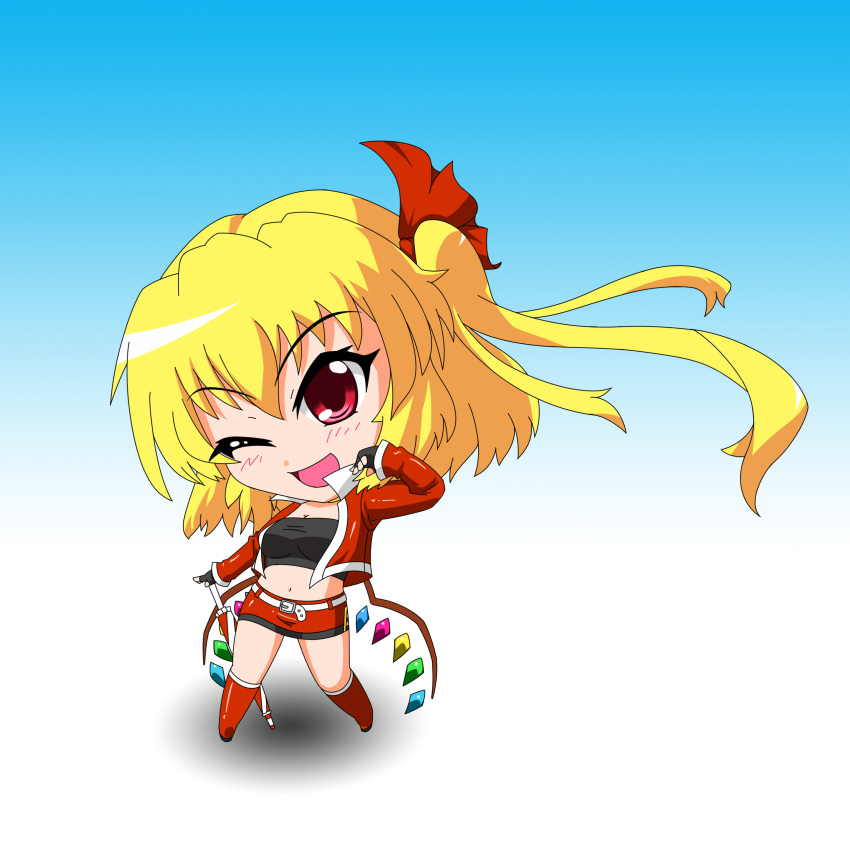 1girl absurdres alternate_costume bikini_top blonde_hair blush boots borrowed_costume chibi flandre_scarlet hat hat_ribbon highres kame_nabe_(artist) knee_boots midriff navel open_mouth racequeen red_eyes ribbon shoes short_shorts shorts smile solo touhou wings