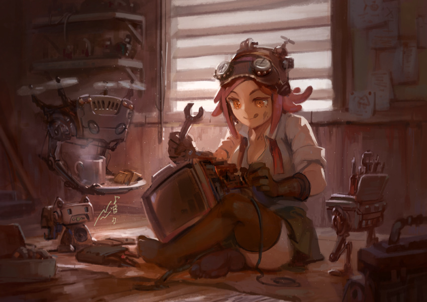 1girl :p black_gloves black_legwear boku_no_hero_academia breasts cleavage drawfag gloves goggles goggles_on_head hatsume_mei indian_style indoors machinery musical_note no_shoes orange_eyes paper pink_hair robot short_hair sitting smile solo the_beatles thigh-highs tongue tongue_out window wrench