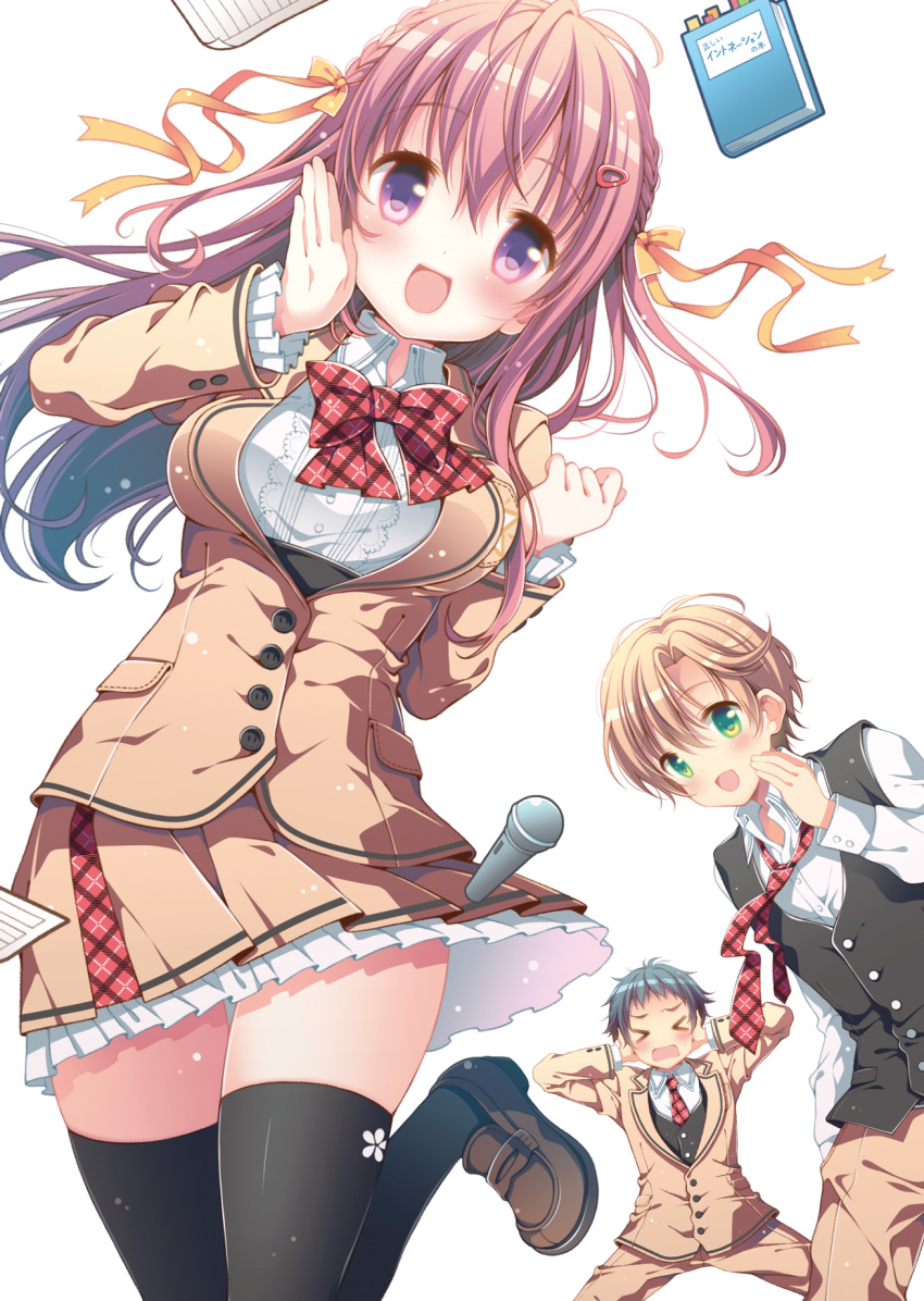 &gt;_&lt; 1girl 2boys :d black_legwear blue_hair book bowtie braid brown_jacket brown_pants brown_shoes brown_skirt clenched_hand collared_shirt cupping_hand green_eyes hair_ornament hair_ribbon hairclip highres light_brown_hair march-bunny microphone multiple_boys necktie open_mouth original pink_hair ribbon school_uniform shirt shoes skirt smile thigh-highs vest violet_eyes white_background