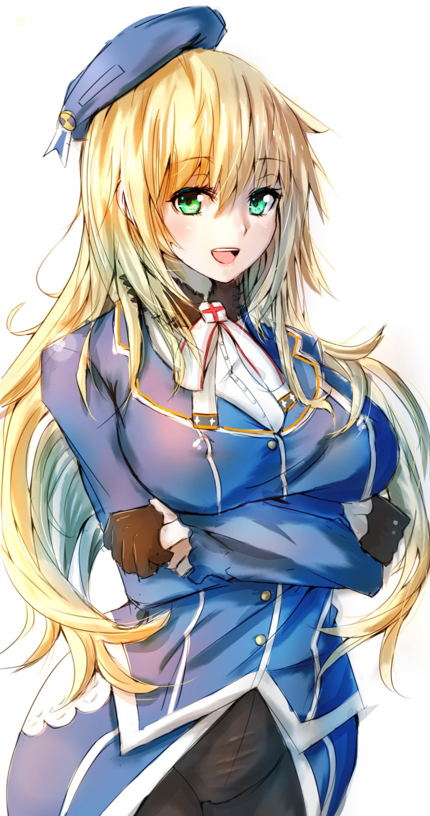 1girl atago_(kantai_collection) beret black_gloves blonde_hair breast_hold breasts crossed_arms dio_uryyy gloves green_eyes hat highres kantai_collection large_breasts long_hair looking_at_viewer military military_uniform open_mouth pantyhose simple_background sketch smile solo uniform upper_body white_background