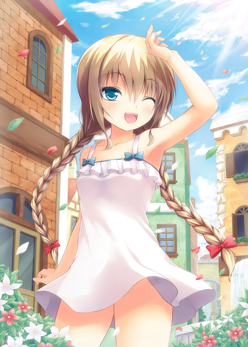 1girl ;d arm_at_side arm_up armpits bangs bare_shoulders blue_eyes blue_sky bow braid brick_wall building clouds cowboy_shot dress flower hair_bow highres light_brown_hair light_rays looking_at_viewer one_eye_closed open_mouth original outdoors petals plant shading_eyes sky sleeveless sleeveless_dress smile solo standing sunbeam sunlight tiphereth town twin_braids white_dress wind window