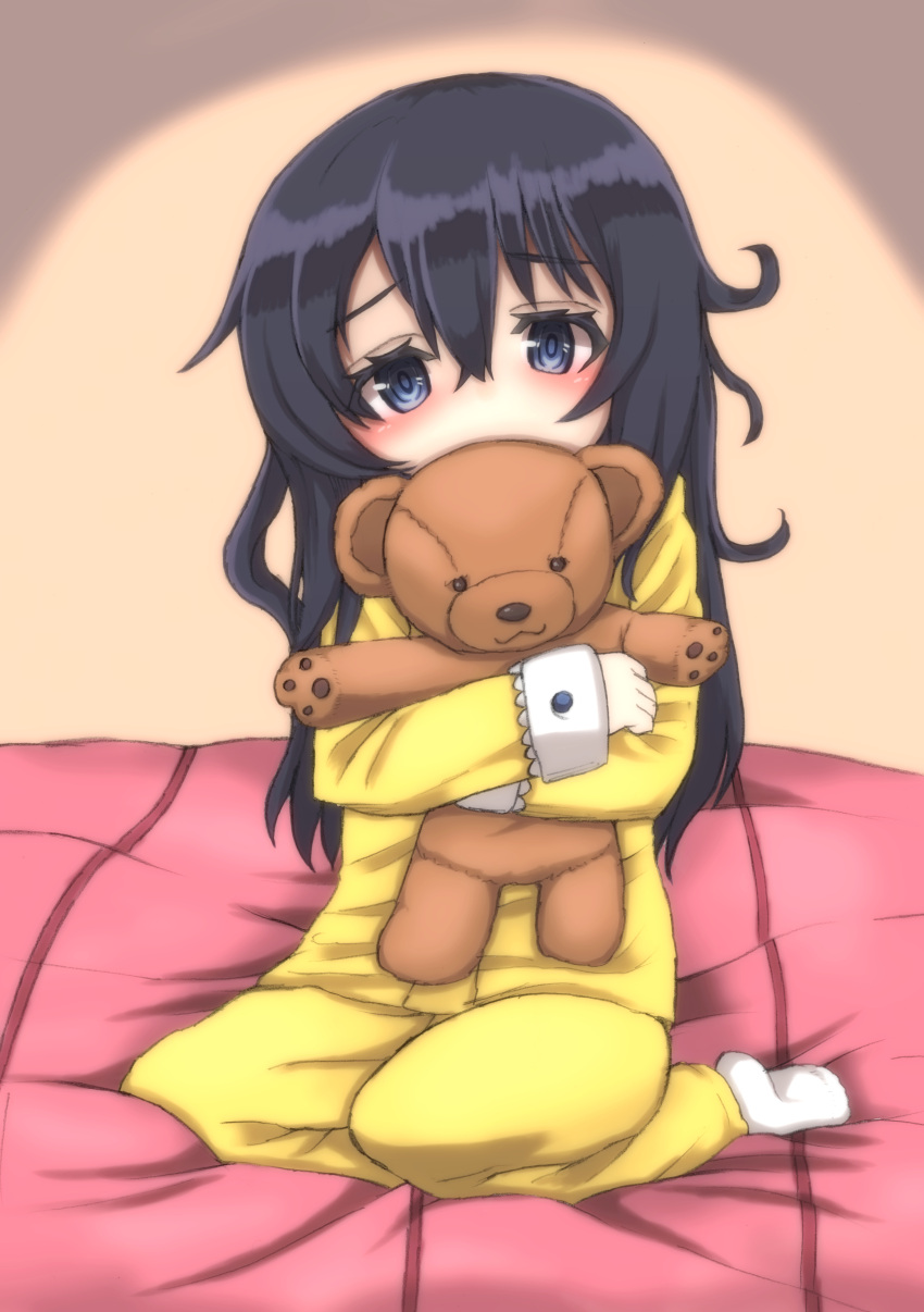 1girl :3 absurdres akatsuki_(kantai_collection) alternate_costume black_eyes black_hair hair_between_eyes highres kantai_collection long_hair long_sleeves nabeo object_hug pajamas seiza sitting solo stuffed_animal stuffed_toy teddy_bear