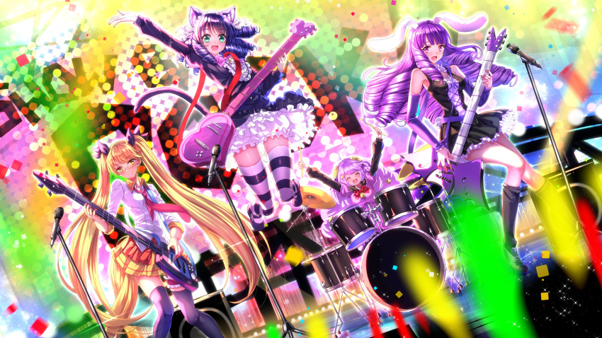 4girls :d animal_ears bass_guitar black_hair blonde_hair breasts cat_ears cat_tail chuchu_(show_by_rock!!) confetti cyan_(show_by_rock!!) detached_sleeves drill_hair drum drum_set drumsticks glasses highres instrument jumping lavender_hair lolita_fashion microphone moa_(show_by_rock!!) multiple_girls open_mouth purple_hair rabbit_ears retoree show_by_rock!! smile striped striped_legwear swordsouls tagme tail thigh-highs