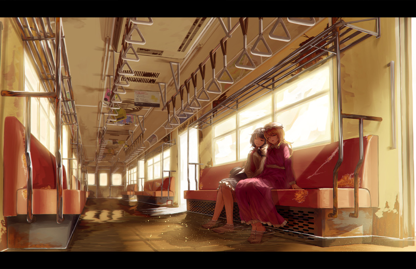 2girls barefoot bench berabou blonde_hair brown_hair closed_eyes dress hat hat_removed headwear_removed highres letterboxed maribel_hearn mob_cap multiple_girls necktie partially_submerged pink_dress side-by-side sitting soaking_feet touhou train train_interior usami_renko water