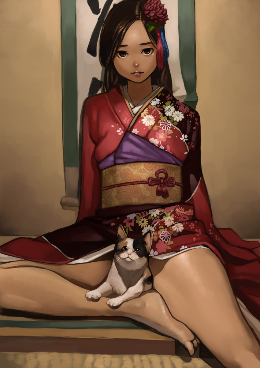 1girl absurdres animal barefoot brown_hair calico cat flower hair_flower hair_ornament highres japanese_clothes kimono long_hair looking_at_viewer original sitting tani_(sgt_epper)