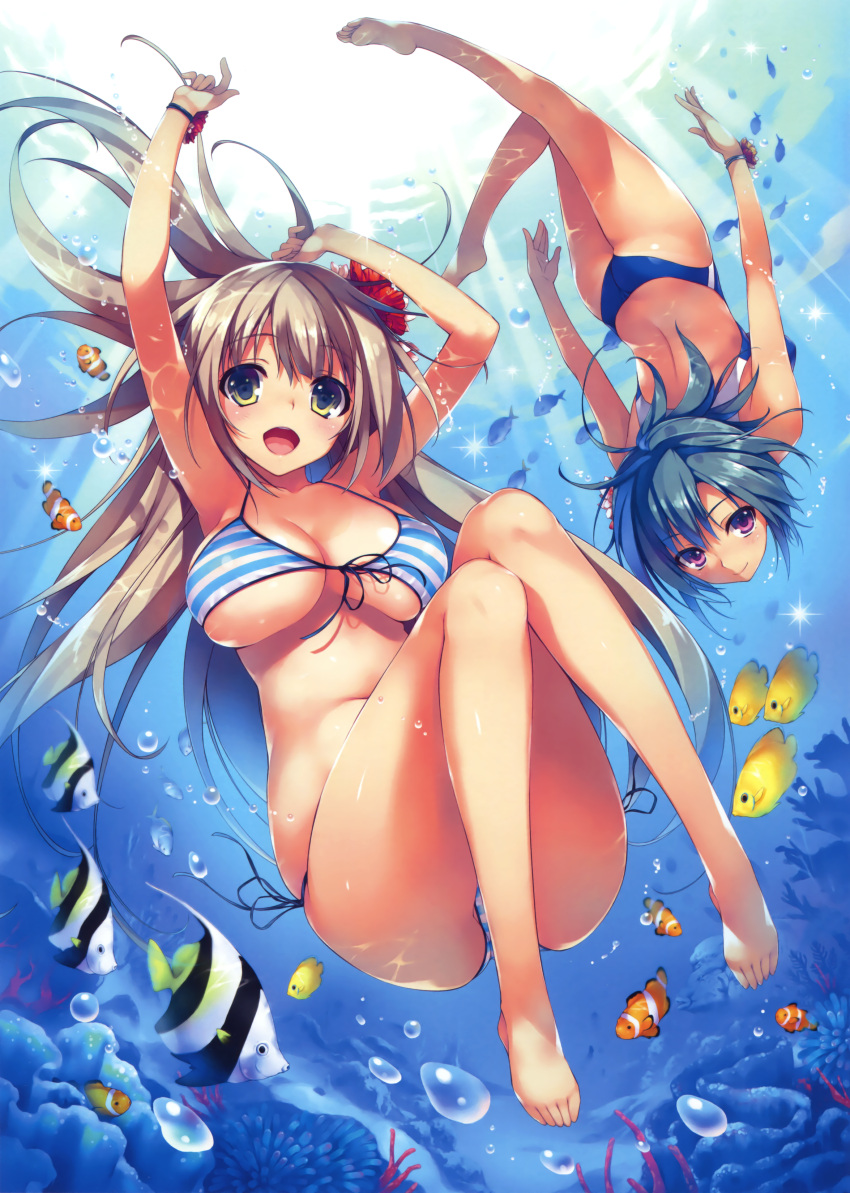 2girls :d absurdres air_bubble ass bare_legs barefoot bikini blue_hair breasts brown_hair cleavage competition_swimsuit fish flower front-tie_top green_eyes hair_flower hair_ornament highres large_breasts long_hair multiple_girls one-piece_swimsuit open_mouth original scan side-tie_bikini smile string_bikini striped striped_bikini striped_swimsuit submerged swimsuit tomose_shunsaku underwater violet_eyes wristband