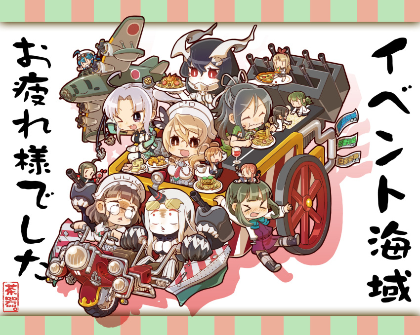 &gt;_&lt; 6+girls :d ;d ahoge airplane akitsushima_(kantai_collection) anchorage_water_oni black_hair boots breasts brown_eyes brown_hair chaki_(teasets) claws cleavage cross-laced_footwear fairy_(kantai_collection) food glasses hair_ribbon highres horn horns kantai_collection katsuragi_(kantai_collection) lace-up_boots littorio_(kantai_collection) long_hair multiple_girls nishikitaitei-chan one_eye_closed open_mouth pizza red_eyes ribbon roma_(kantai_collection) school_uniform seaport_water_oni shinkaisei-kan short_hair silver_hair smile spaghetti takanami_(kantai_collection) turret