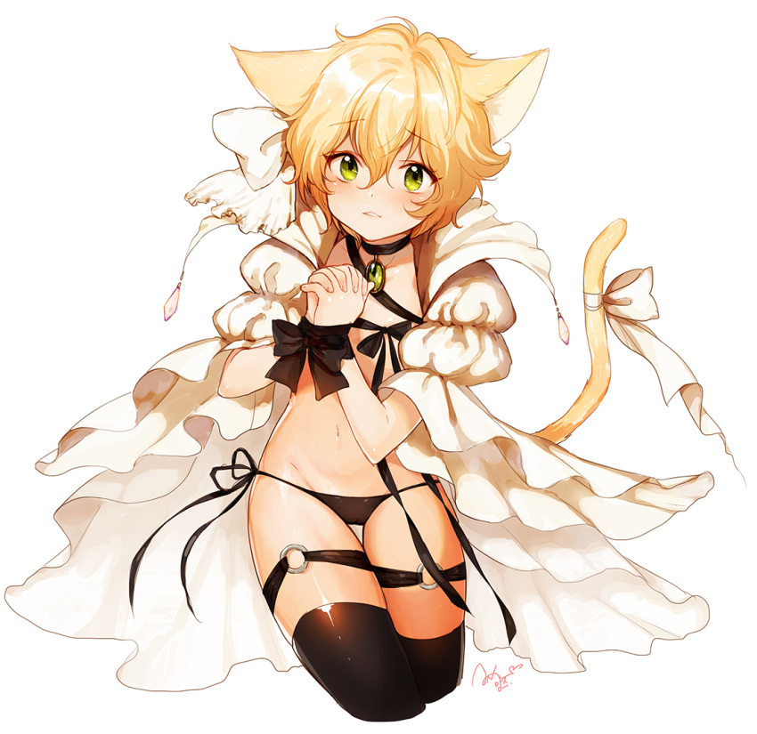 1girl animal_ears anz_(starry) black_legwear blonde_hair blush cat_ears cat_tail dress green_eyes jewelry looking_at_viewer necklace open_clothes open_dress original panties ribbon short_hair side-tie_panties solo tail thigh-highs thigh_strap underwear