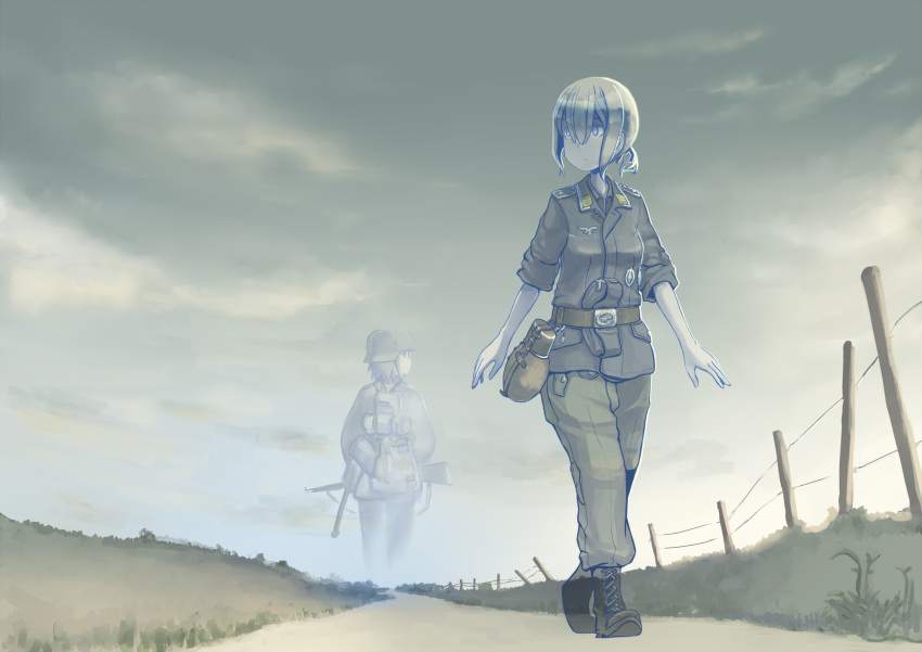 1girl badge belt blonde_hair blue_eyes bolt_action canteen clouds commentary dusk erica_(naze1940) fence garrison_cap grass hair_between_eyes hat helmet highres load_bearing_equipment looking_away luftwaffe mauser_98 military military_uniform multiple_persona muted_color original road short_ponytail sky sleeves_rolled_up smile soldier transparent uniform walking weapon world_war_ii