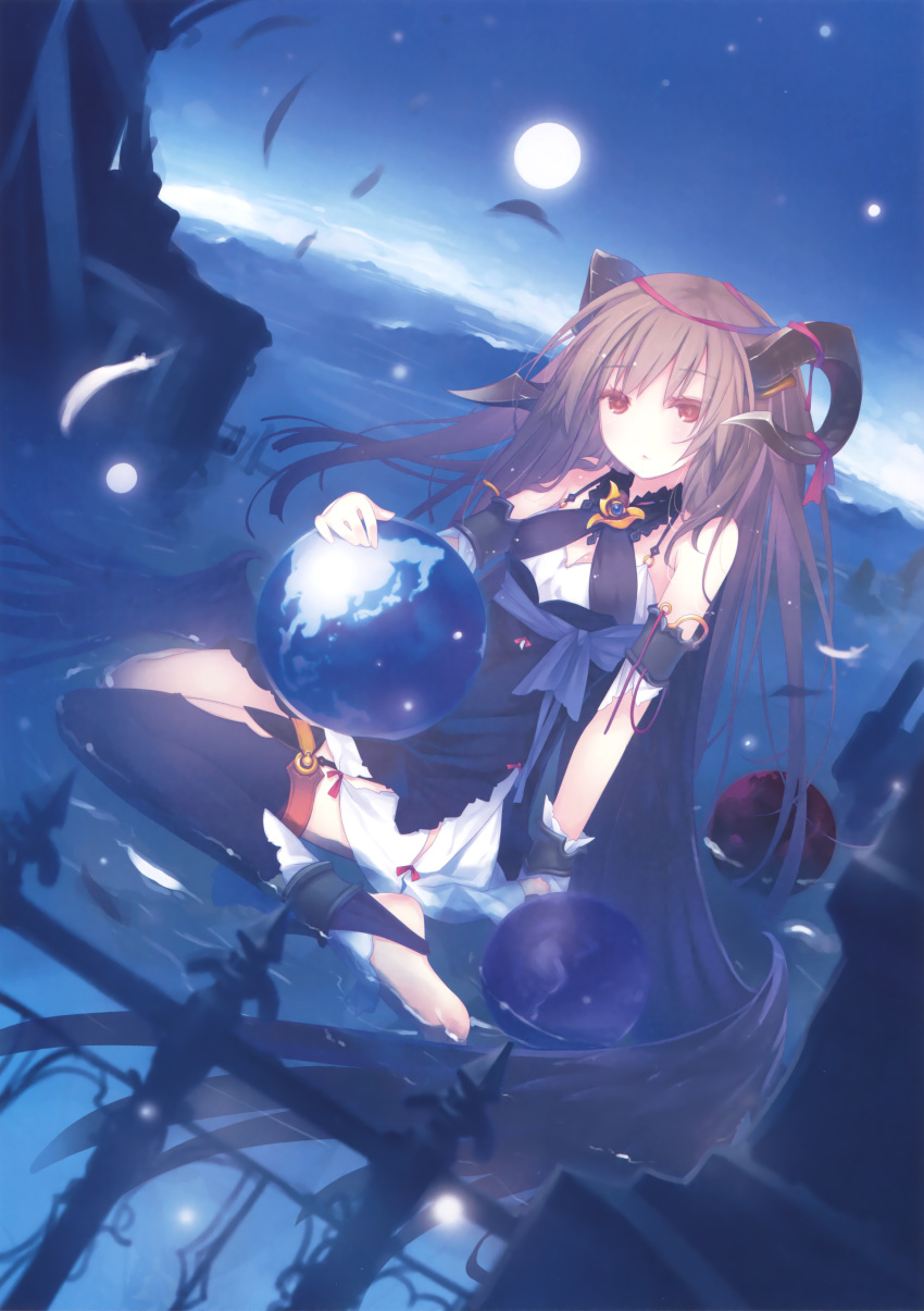1girl absurdly_long_hair absurdres anklet bare_shoulders black_legwear breasts brown_eyes brown_hair cleavage dress dutch_angle feathers full_moon garter_straps hair_ribbon highres horns jewelry long_hair looking_at_viewer moon night night_sky original partially_submerged ribbon ruroo single_thighhigh sitting sky solo thigh-highs toeless_legwear very_long_hair wariza water