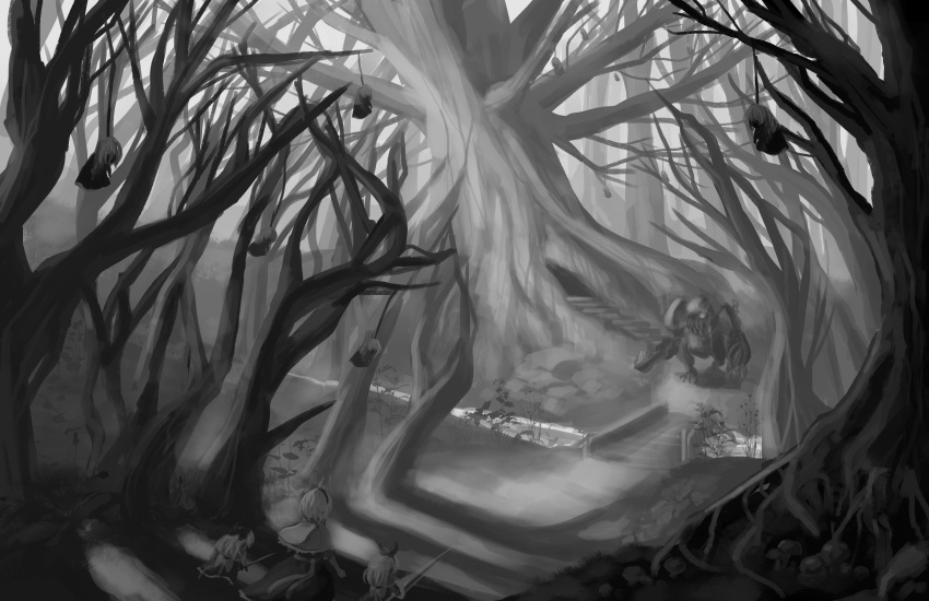 alice_margatroid back bridge caplet doll dress forest hanging highres hourai_doll monochrome monster nature outdoors plant scenery shanghai_doll short_hair stairs touhou tree weapon zarisu