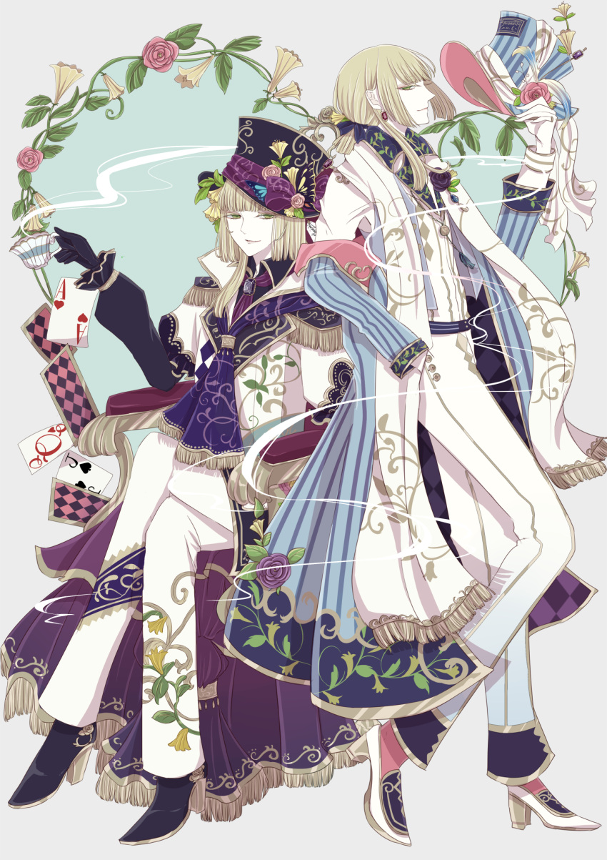 2boys black_gloves blonde_hair card clone cup dual_persona epaulettes gloves green_eyes hat hat_removed headwear_removed highres mad_hatter_(yume-100) multiple_boys short_hair smile teacup top_hat yume_oukoku_to_nemureru_100-nin_no_ouji-sama