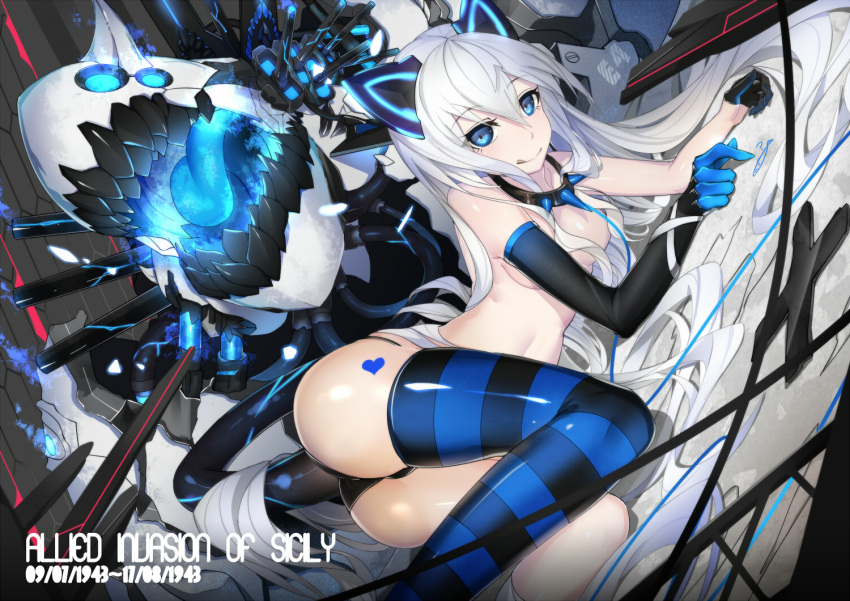 1girl animal_ears blue_eyes breasts character_request elbow_gloves gloves long_hair lu" monster_girl panties revision silver_hair solo striped striped_legwear thigh-highs topless underwear warship_girls_r