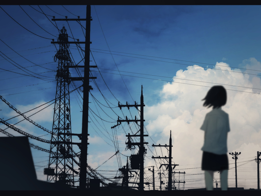 1girl black_hair black_skirt blouse blue_sky blurry clouds from_behind highres letterboxed machiyaa original outdoors power_lines scenery school_uniform short_hair skirt sky solo standing telephone_pole transformer white_blouse wind
