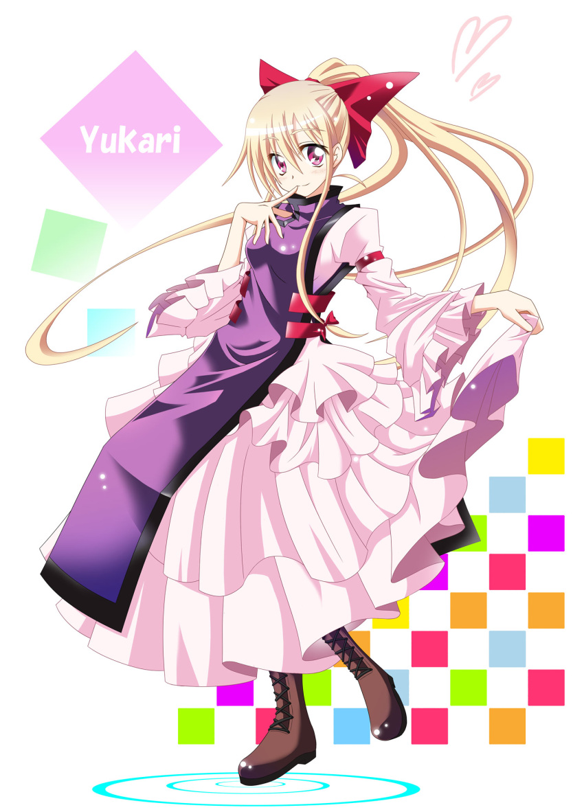 1girl alternate_hairstyle bangs blonde_hair boots bow character_name checkered checkered_background cross-laced_footwear dress hair_bow hand_to_own_mouth heart highres knee_boots lace-up_boots long_hair looking_at_viewer payot ponytail shiira_(kouhei) smile solo touhou very_long_hair violet_eyes white_background white_dress yakumo_yukari