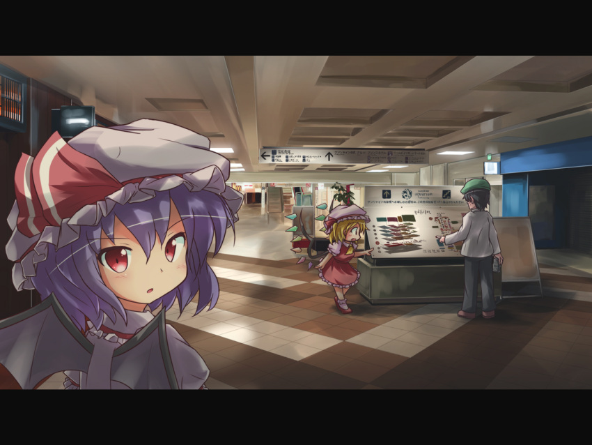 1boy 2girls :o bat_wings beer_can black_hair blonde_hair ceiling commentary_request flandre_scarlet flat_cap from_behind hat hat_ribbon indoors lavender_hair letterboxed long_sleeves looking_at_viewer looking_back mall map mcdonald's mob_cap multiple_girls pants pointing real_world_location red_eyes remilia_scarlet ribbon ryogo short_hair short_sleeves sign skirt skirt_set stairway tile_floor tiles touhou upper_body wings zun