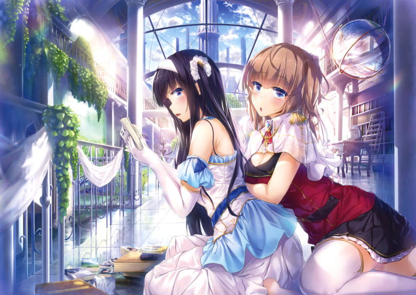 2girls absurdres barefoot black_hair blue_eyes blush book bookshelf breasts brown_hair capelet cleavage dress elbow_gloves from_side gloves hairband highres indoors library looking_at_viewer multiple_girls open_mouth original reading scan skirt thigh-highs two_side_up white_gloves white_legwear wingheart