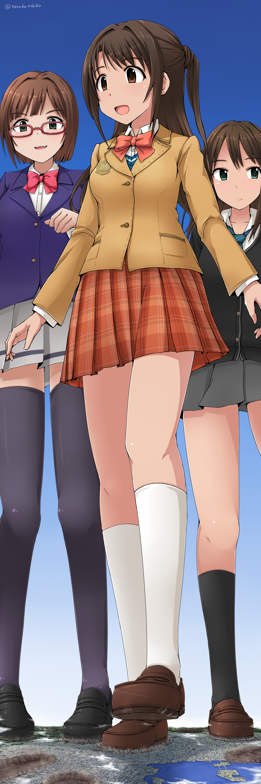 3girls absurdres brown_eyes brown_hair cardigan giantess green_eyes highres idolmaster long_hair maekawa_miku multiple_girls open_mouth school_uniform shibuya_rin shimamura_uzuki skirt smile terada_ochiko thigh-highs zettai_ryouiki