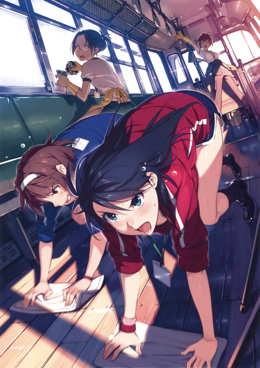 4girls :d ^_^ absurdres arm_up blue_eyes blue_hair brown_hair bucket cleaning closed_eyes clothes_around_waist flying_sweatdrops folded_ponytail glasses gloves hairband highres jacket_around_waist long_hair multiple_girls open_mouth original scan short_shorts shorts sleeves_rolled_up smile sweat track_jacket train train_interior vania600