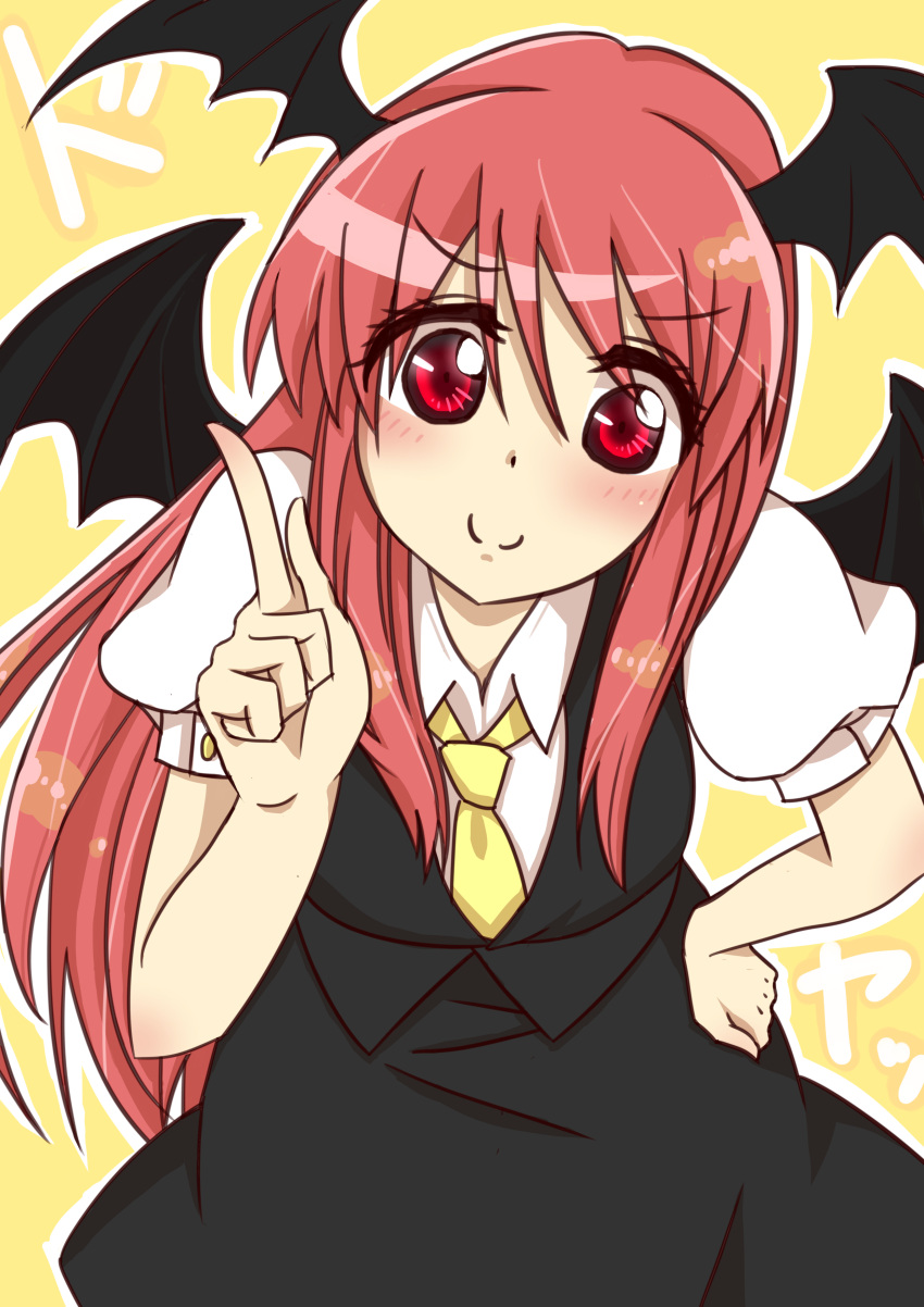 &gt;:) absurdres bat_wings blush eyelashes hand_on_hip head_wings highres index_finger_raised koakuma leaning_forward long_hair looking_at_viewer mizutora2050 necktie outline puffy_short_sleeves puffy_sleeves red_eyes redhead short_sleeves simple_background skirt skirt_set smile touhou vest wings yellow_background