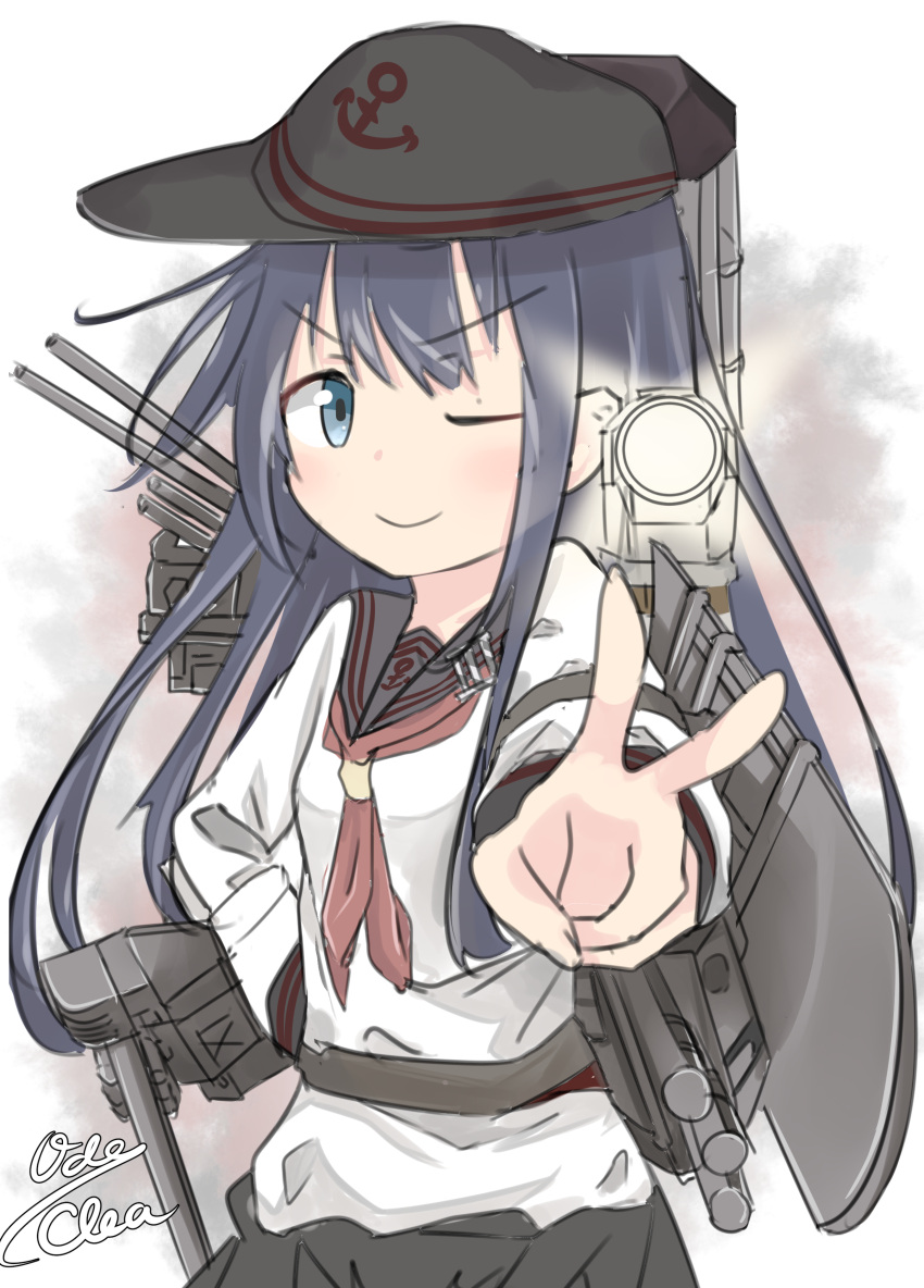 1girl ;) absurdres akatsuki_(kantai_collection) artist_name black_hair black_skirt commentary_request flat_cap hat highres kantai_collection long_hair long_sleeves odeclea one_eye_closed pleated_skirt remodel_(kantai_collection) school_uniform searchlight serafuku skirt smile solo v