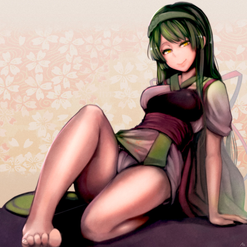 1girl :&gt; at2. bare_legs barefoot chest_plate green_hair highres japanese_clothes long_hair looking_at_viewer panties pantyshot pantyshot_(sitting) sitting smile solo touhoku_zunko underwear vocaloid voiceroid yellow_eyes