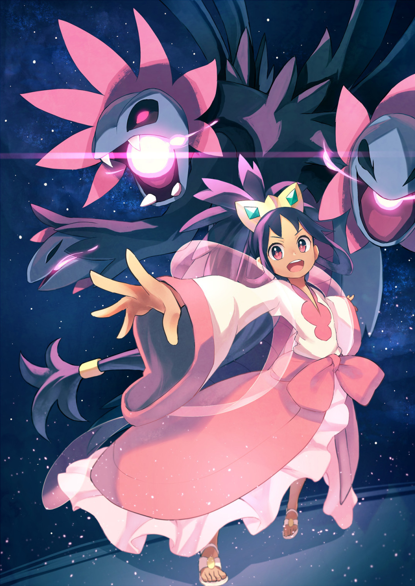 &gt;:d 1girl :d bangs bow crown dress glowing hair_ornament highres hydreigon iris_(pokemon) kinshi long_hair open_mouth outstretched_hand pink_dress pokemon pokemon_(creature) pokemon_(game) pokemon_bw ponytail purple_hair red_eyes ribbon smile
