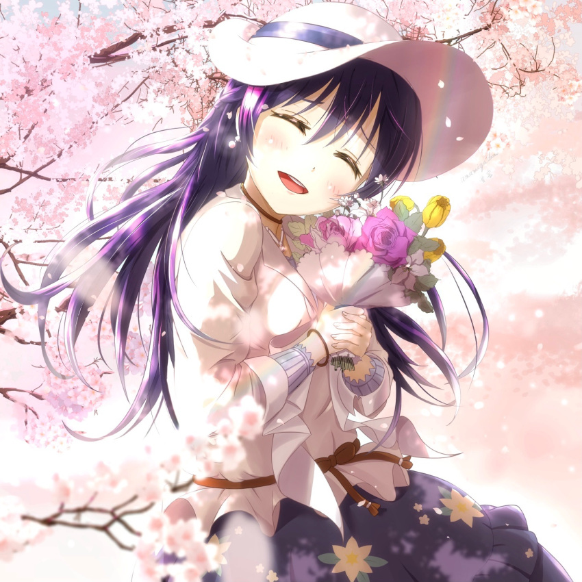 1girl amamiya_(re-amamiya) bangs blue_hair blush bouquet cherry_blossoms closed_eyes commentary_request flower hair_between_eyes hat highres holding holding_bouquet long_hair long_sleeves love_live! love_live!_school_idol_festival love_live!_school_idol_project petals smile solo sonoda_umi sun_hat swept_bangs tree