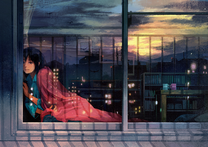 1girl bangs bird black_hair blanket bookshelf brown_eyes city_lights crying crying_with_eyes_open cup curtains gemi highres looking_at_viewer mug original pajamas picture_frame power_lines reflection shadow shelf short_hair sitting sky solo sunrise table tagme tears window