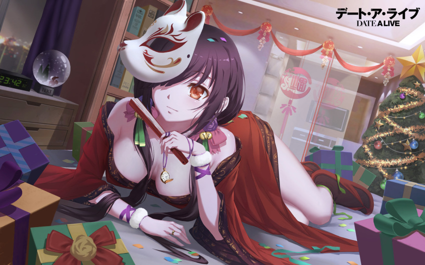 1girl artist_request black_hair breasts christmas_tree copyright_name date_a_live fan folding_fan fox_mask hair_over_one_eye highres japanese_clothes jewelry light_smile long_hair looking_at_viewer mask pocket_watch red_eyes ring smile snow_globe solo tokisaki_kurumi twintails watch