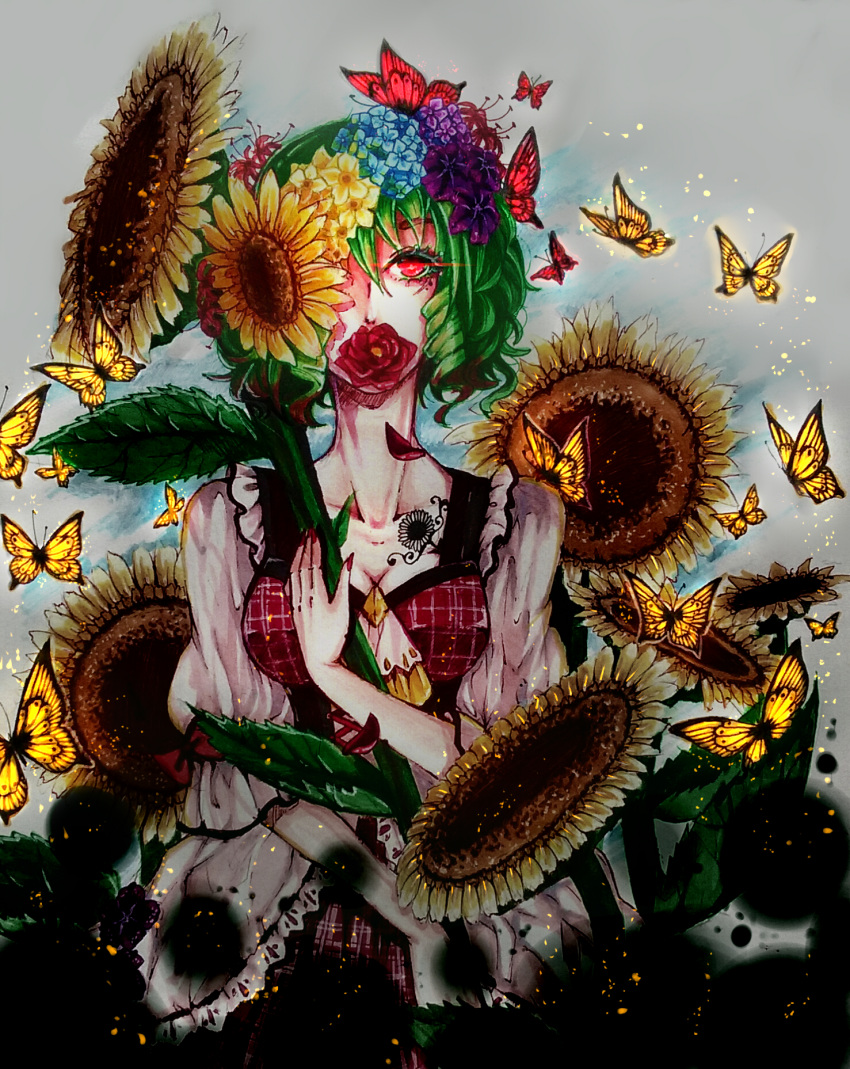 1girl alternate_costume ascot blue_sky bow breasts butterfly cleavage clouds collarbone colored_eyelashes curly_hair dress drill_hair eyelashes fingernails flower flower_in_mouth flower_request glowing glowing_butterfly glowing_eye green_hair hair_flower hair_ornament highres kazami_yuuka light_particles light_trail looking_at_viewer multicolored_hair nail_polish neck one_eye_closed petals plaid plaid_dress red_eyes red_nails redhead sharp_fingernails short_hair sky solo spider_lily streaked_hair sunflower tattoo touhou upper_body violet_(flower)