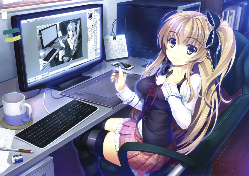 1girl absurdres blonde_hair blush bow breasts calendar_(object) cellphone chair computer computer_keyboard cup desktop drawing eraser hair_bow hand_on_headphones headphones headphones_around_neck highres long_hair looking_at_viewer may monitor mug office_chair original payot pen phone pleated_skirt ponytail recursion scan side_ponytail sitting skindentation skirt smartphone smile solo striped striped_legwear stylus tablet thigh-highs violet_eyes yuuki_hagure