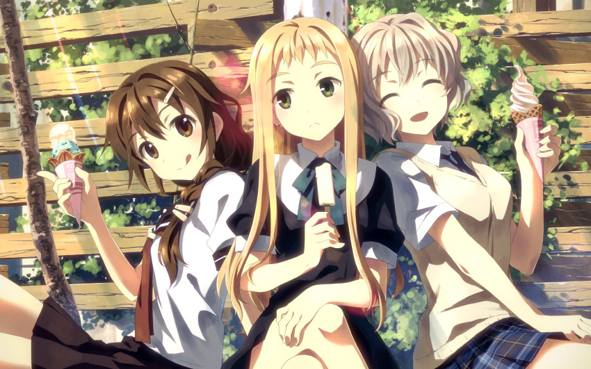 3girls :d :q ^_^ arm_support bangs blonde_hair blouse blush braid brown_hair chocolate_mint_ice_cream closed_eyes collared_shirt crossed_legs double_scoop earrings fence food frown green_eyes grey_hair hair_ornament hair_over_shoulder hairclip hand_on_own_knee highres holding holding_food ice_cream ice_cream_cone jewelry lens_flare licking_lips long_hair multiple_girls neckerchief necktie open_mouth original outdoors plaid plaid_skirt pleated_skirt popsicle puffy_sleeves school_uniform serafuku shirt short_hair short_sleeves sitting skirt smile soft_serve sunlight sweater_vest tongue tongue_out vanilla_ice_cream waffle_cone wallpaper white_blouse wing_collar yuuki_tatsuya