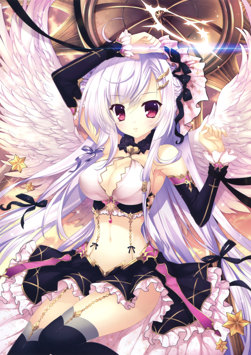 1girl absurdres arms_up black_legwear breasts cleavage criss-cross_halter detached_sleeves garter_straps halter_top halterneck highres large_breasts long_hair mitha pink_hair skirt thigh-highs white_hair white_wings wings